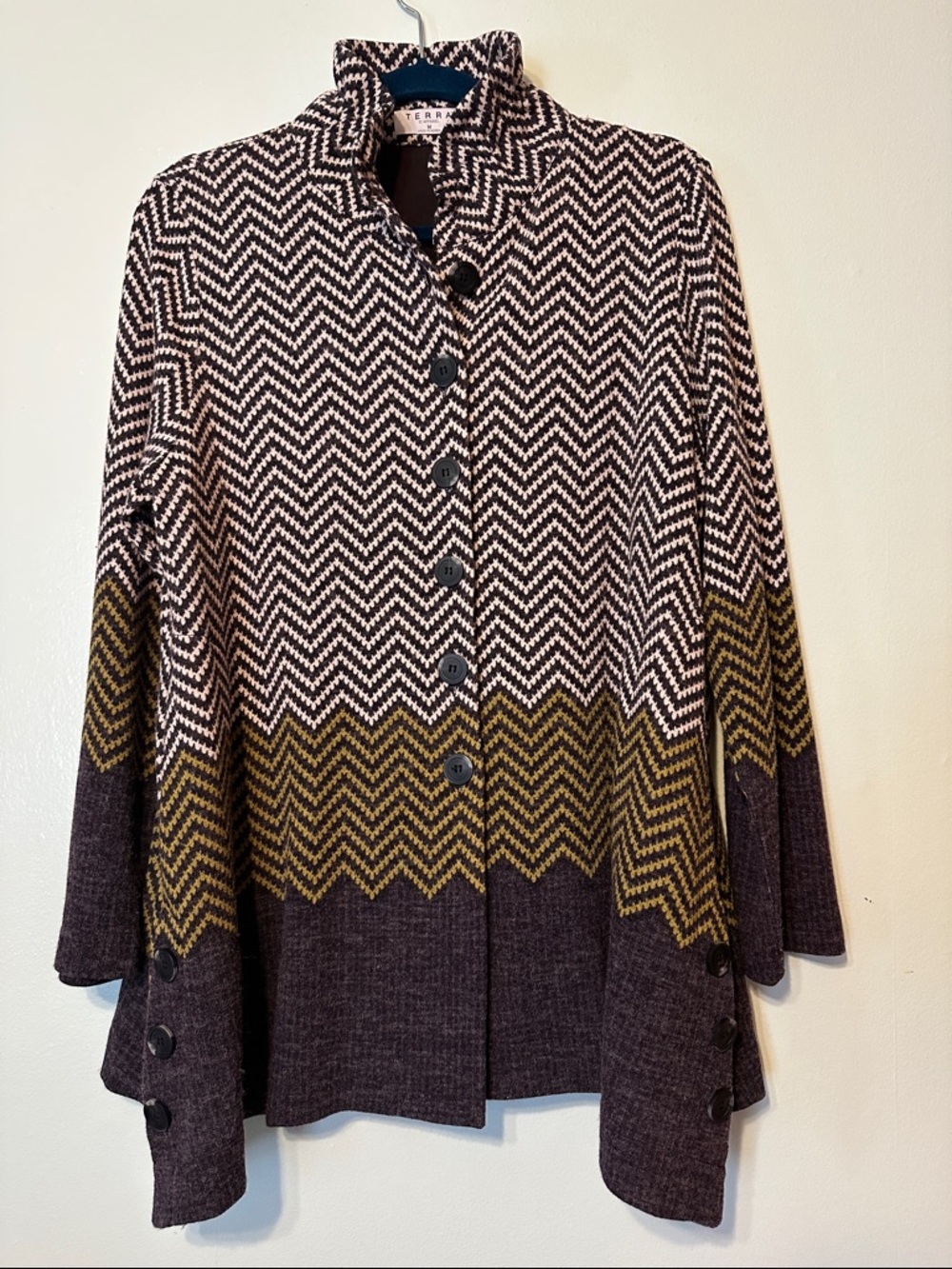 Terra SJ Apparel Chevron Button-Front Knit Coatigan - Brown, Cream & Olive